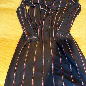 Ann Taylor Black Stripe Midi Shirt Dress Long Sleeve Button Front Tie Neck -  S